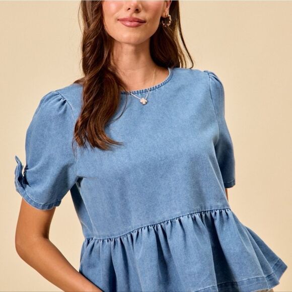 SO ME Denim Bow Cuff Short Puff Sleeves Denim Peplum Top sz Small - Picture 3 of 11